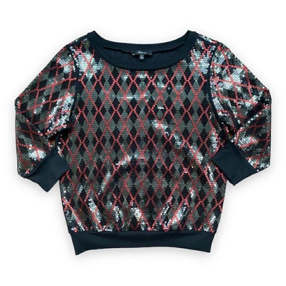 EXPRESS Sequin Argyle Print Boatneck Top - Picture 6 of 11